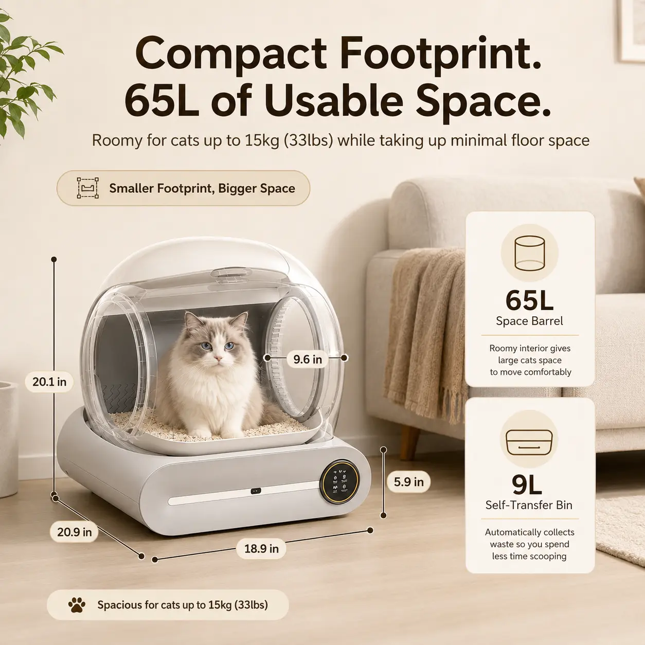 Beam Litter 65L Extra-Large Space Compact Footprint